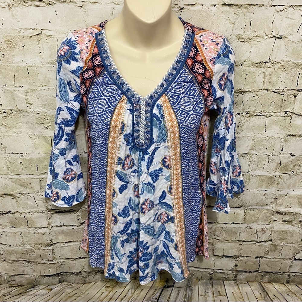 GNW Blue Floral V Neck Bell Sleeve Top